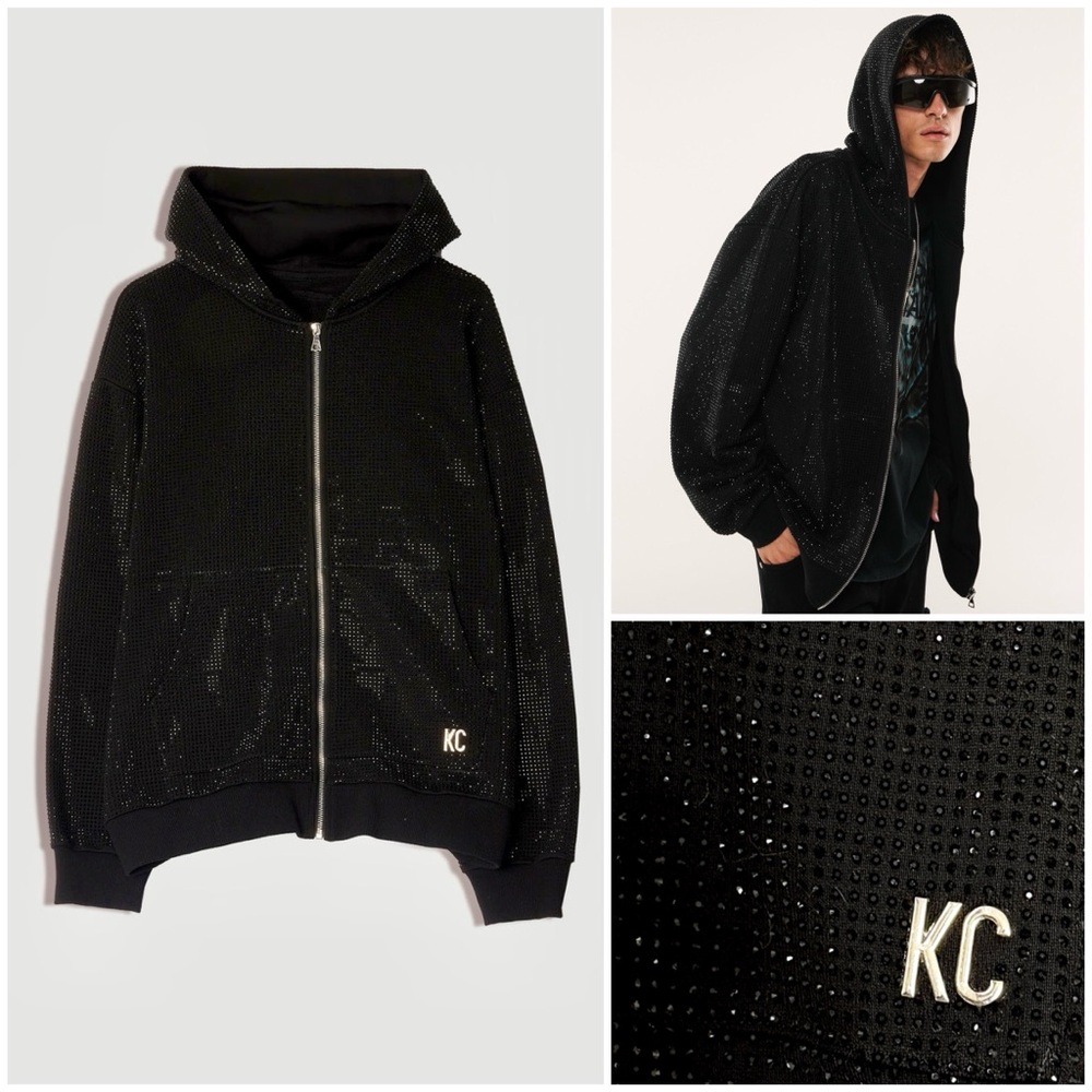 Keiser Clark Nocturnal Zip Up Hoodie Sweatshirt Black Rhinestones Crystalized M